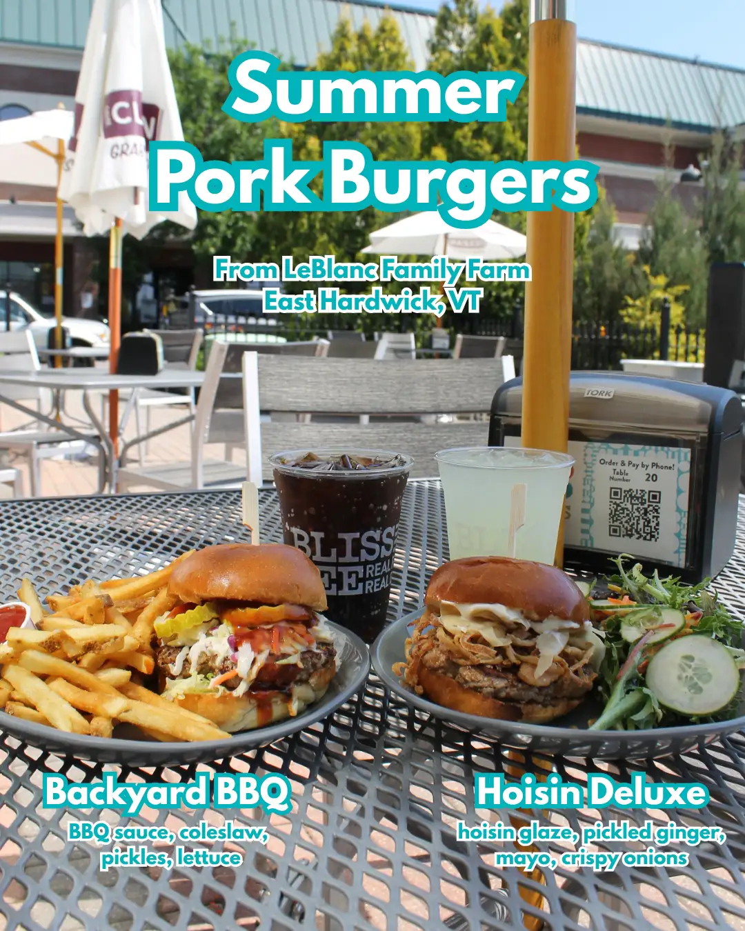 Special pork burgers on a patio table with refreshing beverages. The sun is shining and the food looks delicious.